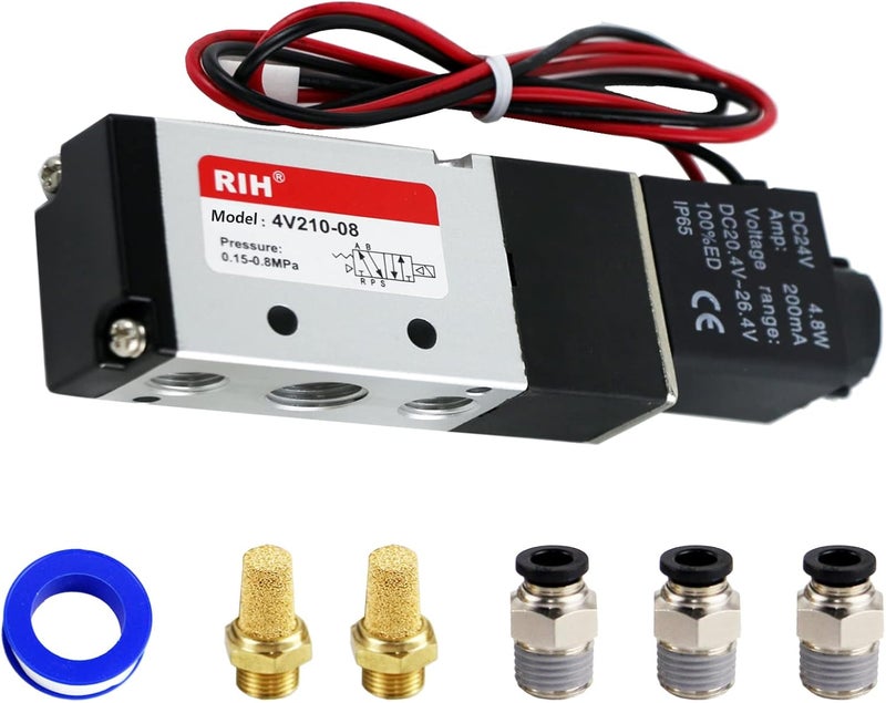 RH Pneumatics Solenoid Valve 4V210-08 12V/24V/110V Series Single Coil Pilot-Operated Electric 2 Position 5 Way Connection Type (DC12V/Out of line, 1/4"NPT) - Image 1